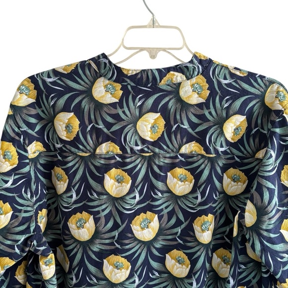 Floral Linen Blend Popover Blouse Size XL Roll Tab Sleeve Casual - Picture 10 of 16